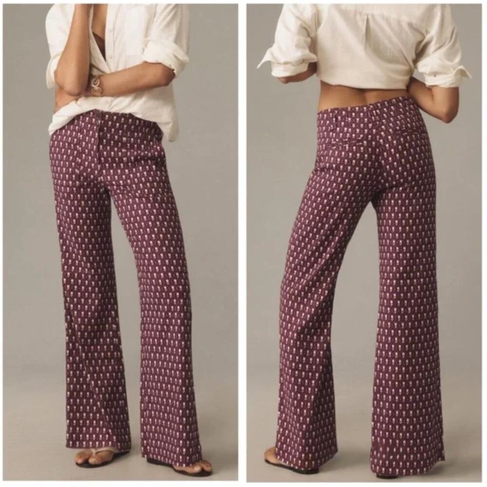 Anthropologie Burgundy Patterned Wide Leg Pants